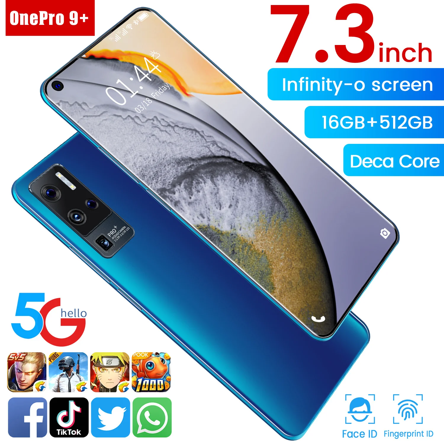 

High Quality OnePro 9 Global Version Smartphone 7.3 Inch Screen 6800mAh Battery 32MP 64MP Camera Face ID 16GB 512GB Mobile Phone