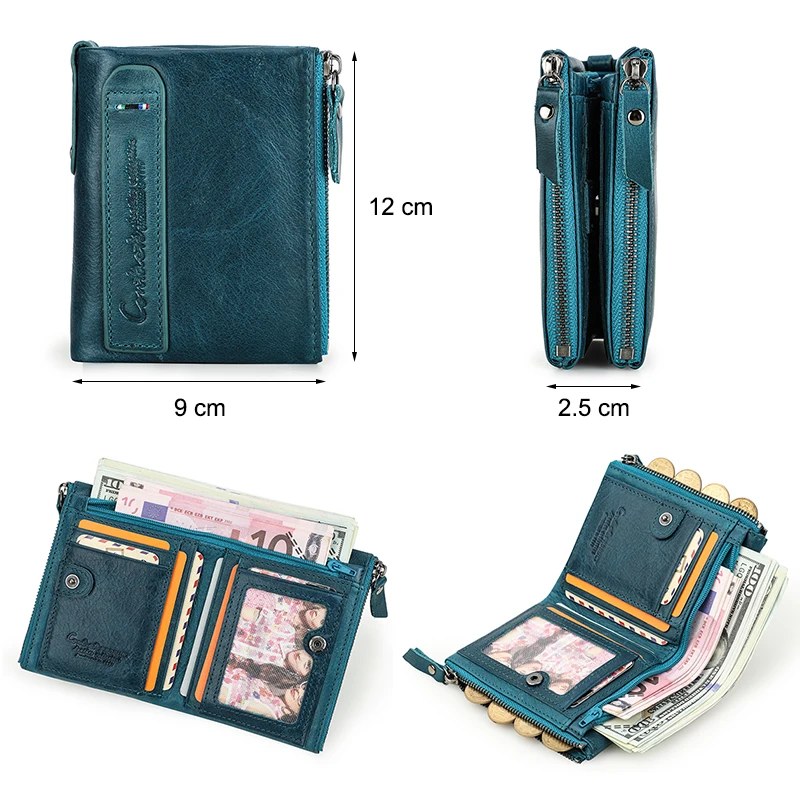 Contact's Genuine Leather Wallet Women Coin Pocket Double Zipper Card Holder Money Bags Fashion Ladies Small Purses Mini Wallet images - 3