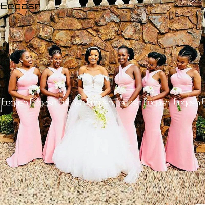 

Eeqasn Africa Mermaid Bridesmaid Dresses 2020 Sweep Train Pink Prom Maid Of Honor Gowns Plus Size Wedding Party Dress