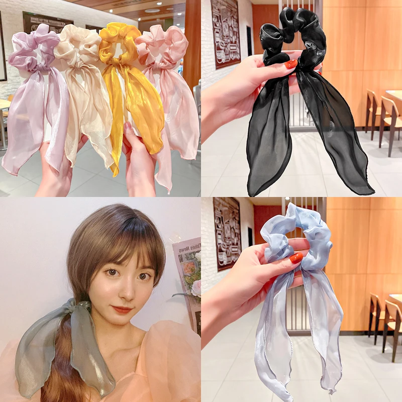 

Korean Solid Print Bow Satin Girls Elastic Hair Bands Long Ribbon Ponytail Scarf Hair Tie Women Scrunchies Hair Accessories 2022