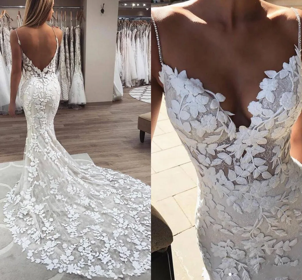 

Sexy Mermaid Wedding Dresses 2021 Spaghetti Straps Beaded Sexy Backless Bridal Gowns Court Train Appliqued Lace robes de mariée