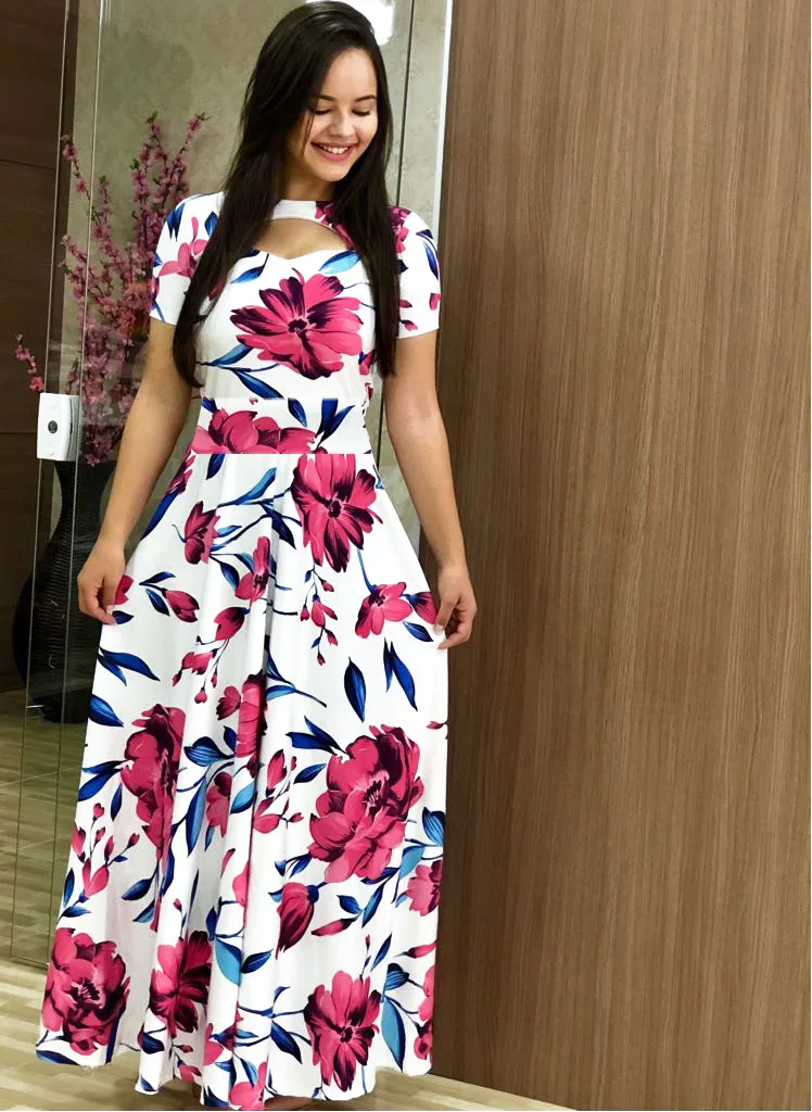 

Women Maxi Dress Summer Flower Print 2021 Short Sleeve Boho Long Dresses Ladies Sexy Hollow Out Polka dot Dress Large Size 5XL