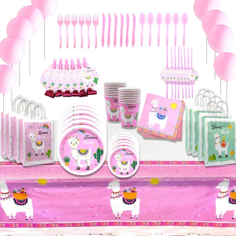

Wedding Birthday Party Supplies Disposable Tableware Paper Cups Plates Tablecloth Baby Shower Decoration Pink Alpaca Pattern