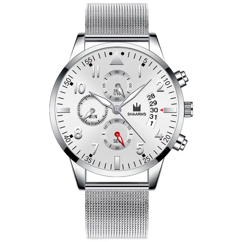 Роскошные серебряные мужские часы Meh с сетчатым ремешком из нержавеющей стали