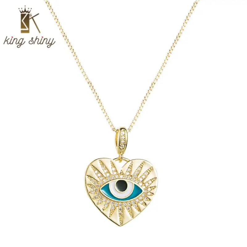 

2021 Bohemian Heart Shaped Evil Eye Copper Pendant Necklace Punk Micro Pave Cubic Zirconia Collar Statement Necklace for Woman