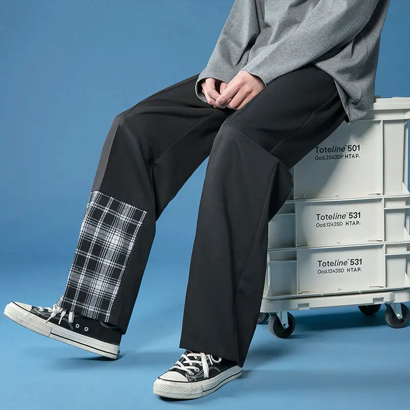 

Spring Summer Wide-leg Pants Men's Fashion Casual Plaid Pants Men Streetwear Korean Loose Straight-leg Pants Mens Trousers M-5XL