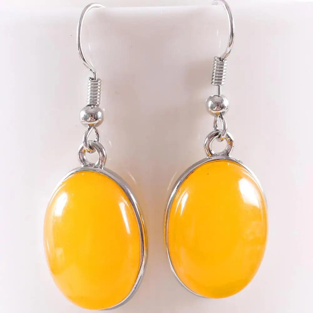 Natural Stone Yellow Jades Dangle Earrings for Women Gem Cabochon CAB Oval Beads Drop Earrings Fashion Jewelry U450