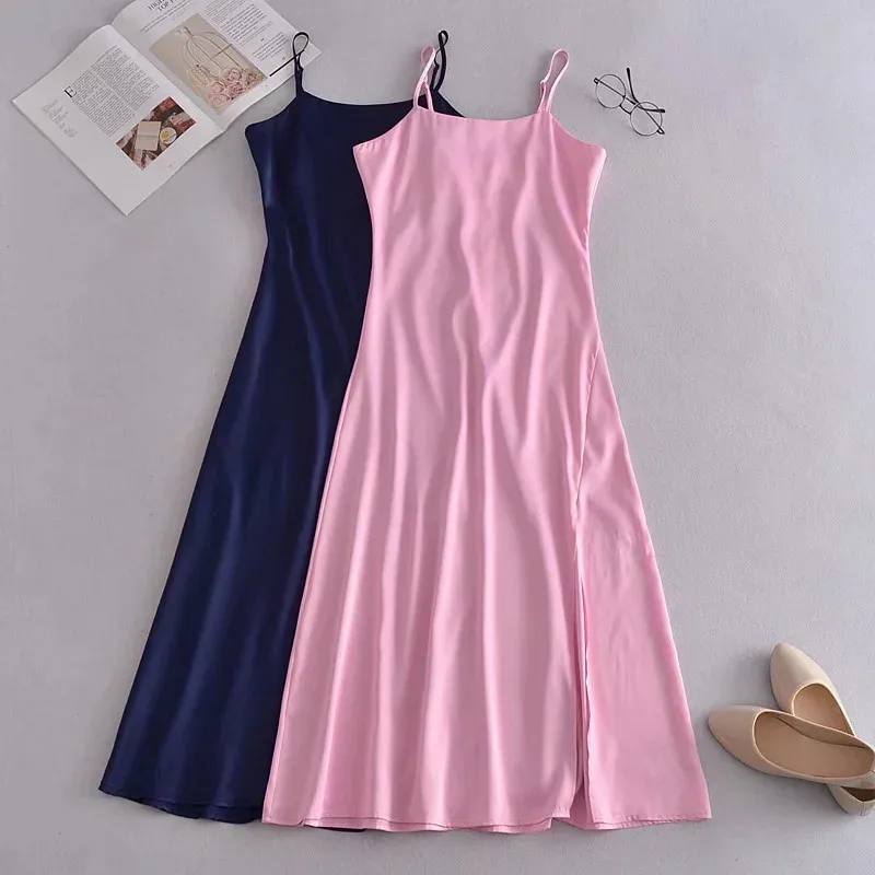 

PSEEWE Za Satin Long Dress Women Camisole Blue Midi Dress Woman Summer 2021 Strap Backless Party Dresses Slit Pink Sexy Dresses