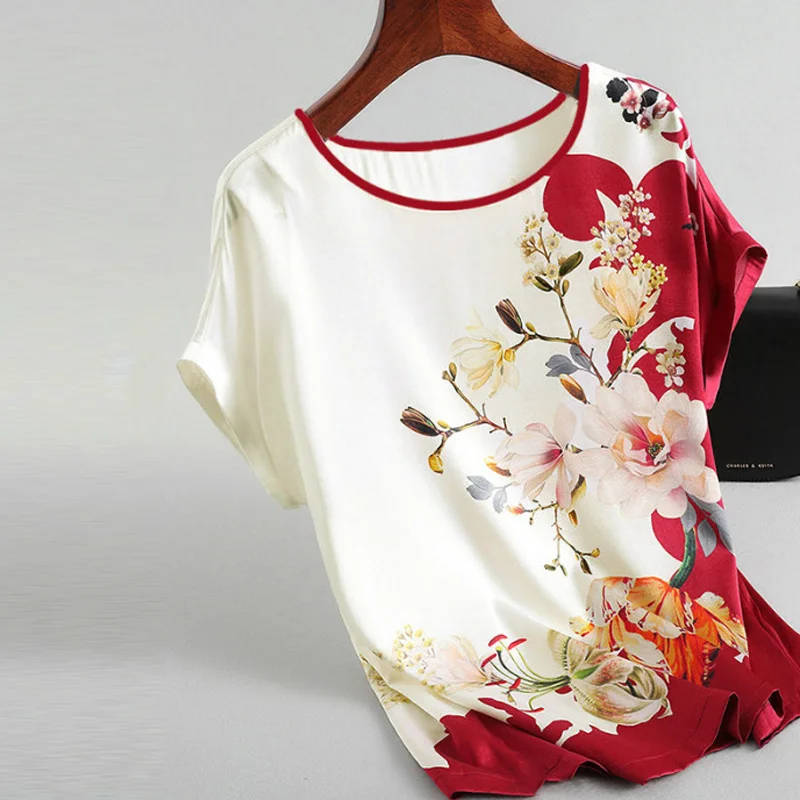 

Fashion Floral Print Blouse Pullover Ladies Silk Satin Blouses Plus Size Batwing Sleeve Vintage Print Casual Short Sleeve Tops
