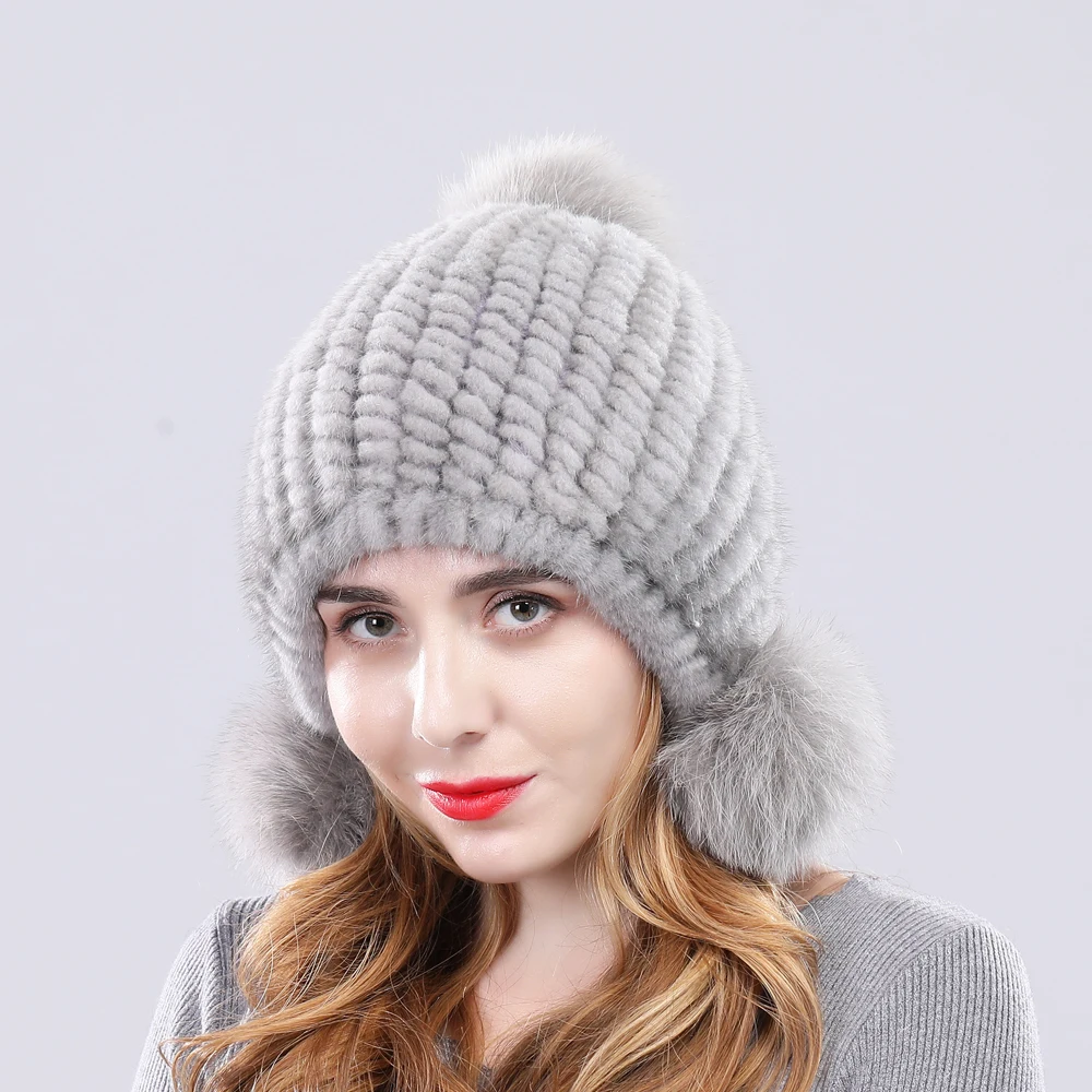 Зимняя женская шапка из натурального меха норки лисы помпонами теплая с ушами