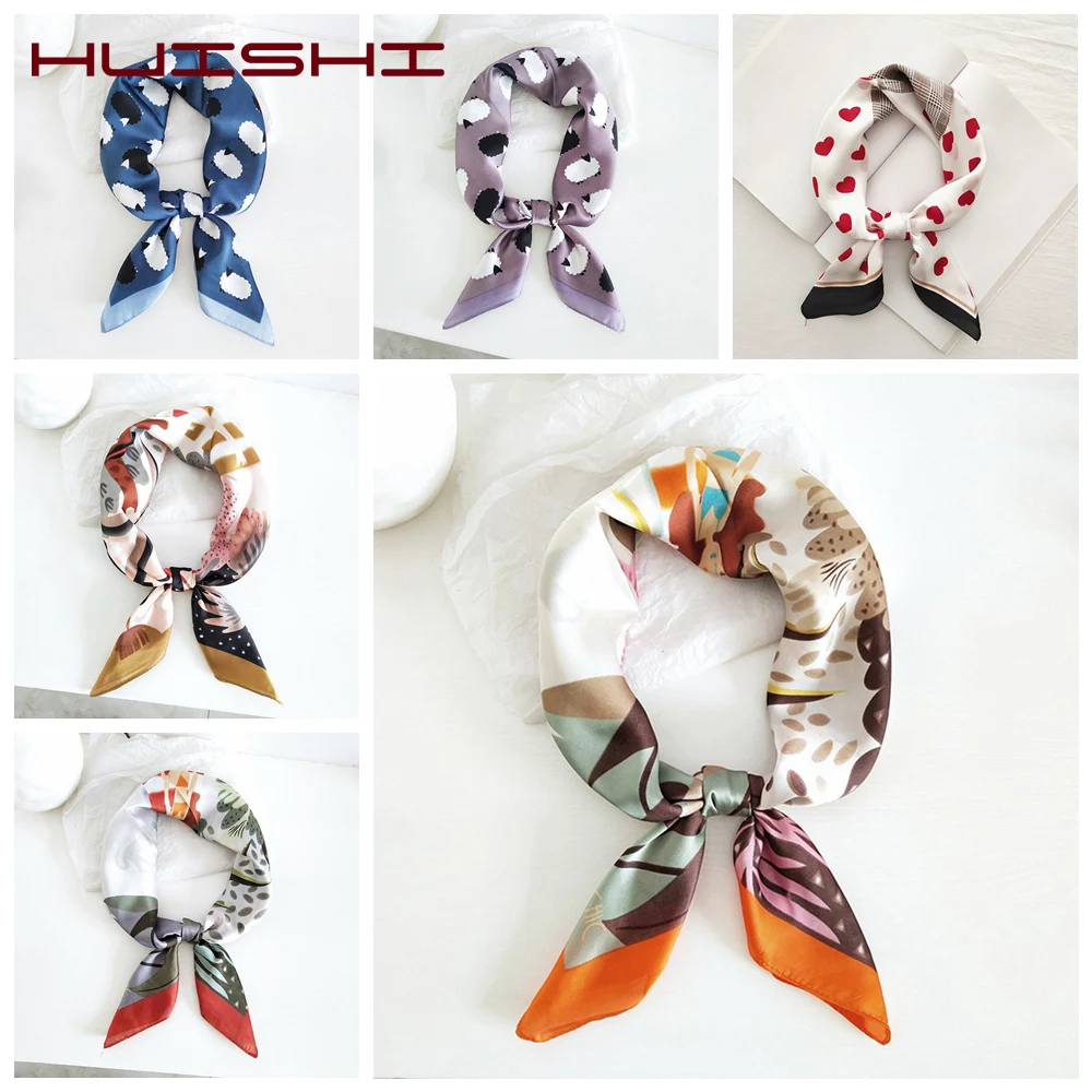 

HUISHI Luxury Scarf Women Silk Feeling Printed Headwear Scarfs Bag Hair Tie Headwear Neckerchief Lady 70CM Scarf For Women Gift