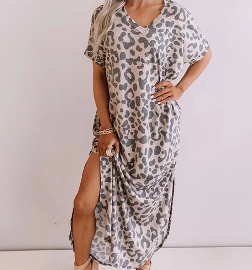 

Women Casual Long Dress V Neck Short Sleeve Print Split Fork Leopard Plus Maxi Size Fashion Casual Loose Vestidos Summer 2021