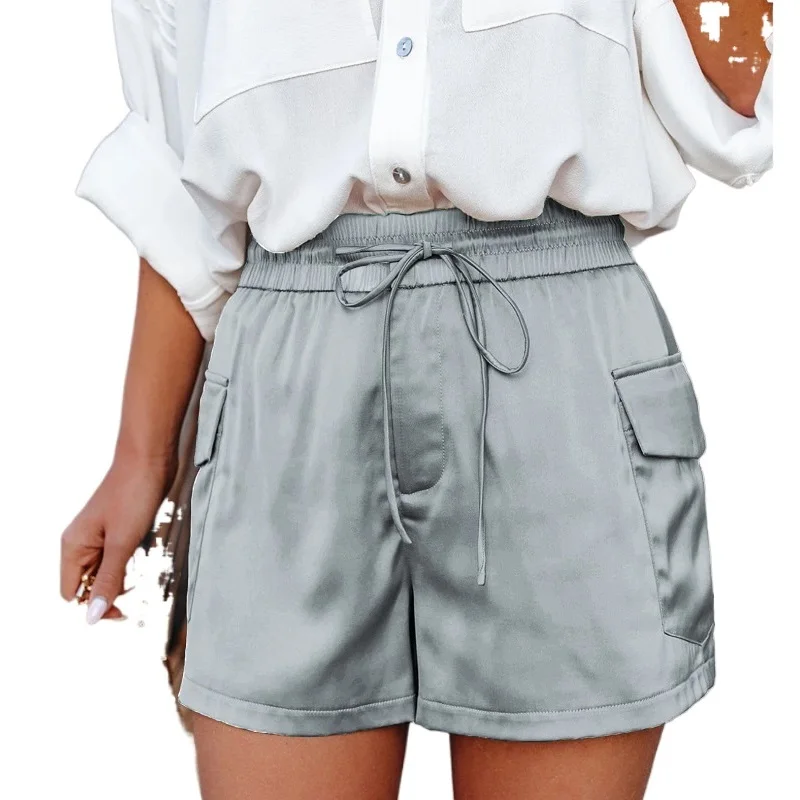 

Women Summer High Waist Shorts Drawstring Elastic Waist Pockets Short female Dropshipping Bottoms