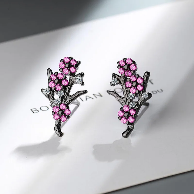 

KOFSAC Cute Plum Blossom Stud Earrings For Women 925 Sterling Silver Jewelry Pink Zircon Flower Black Gold Earring Girl Gifts