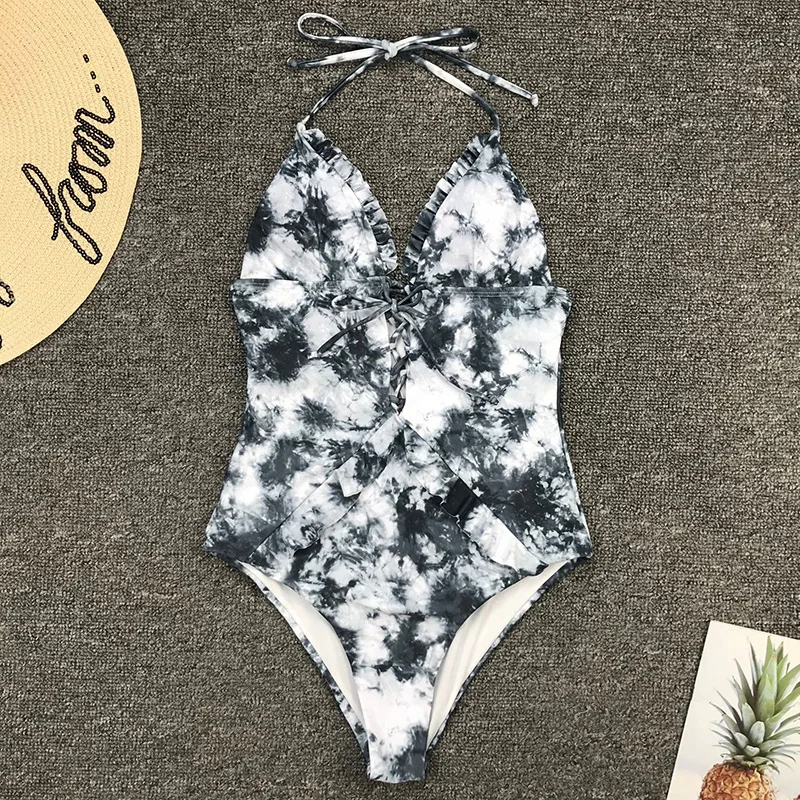 New 2020 Sexy Tie Dye Lace up Female Swimwear One Piece swimsuit Women Deep v neck Monokini High cut Bathing suit Swim Bodysuit