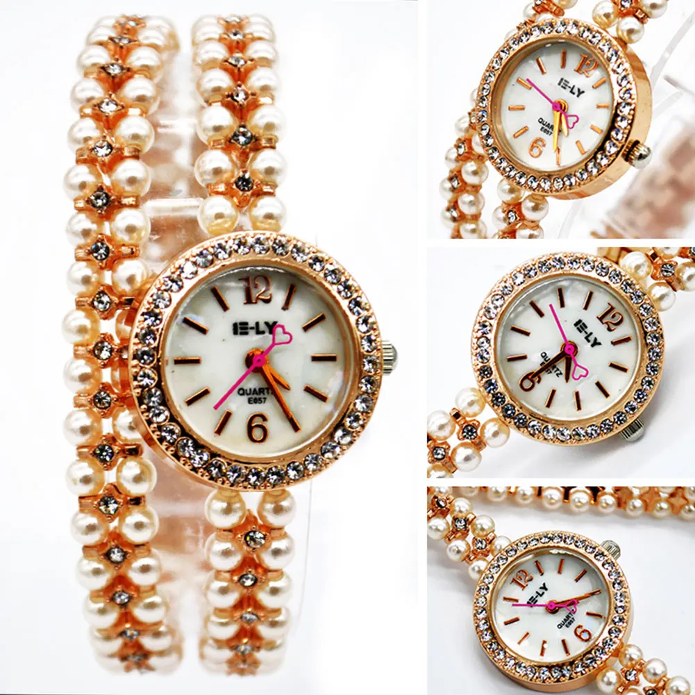 

Fashion Women Pearl bead rhinestone dial bracelet quartz wrist watch