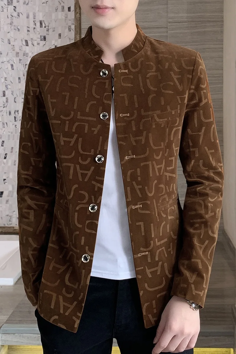 

2020 Men's Autumn New Stand Collar Casual Suede blazer Youth Fashion Printed Single-Breasted blazer