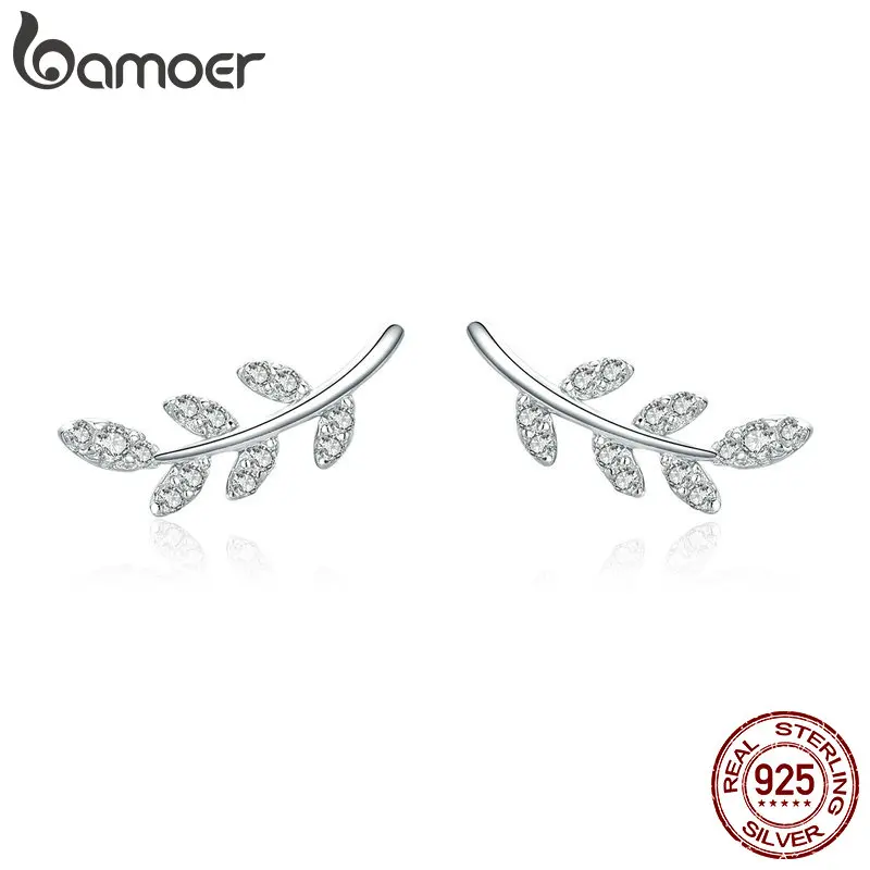 

BAMOER Authentic 925 Sterling Silver Spring Leaf Leaves Clear CZ Zircon Stud Earrings for Women Fashion Earrings Jewelry BSE031