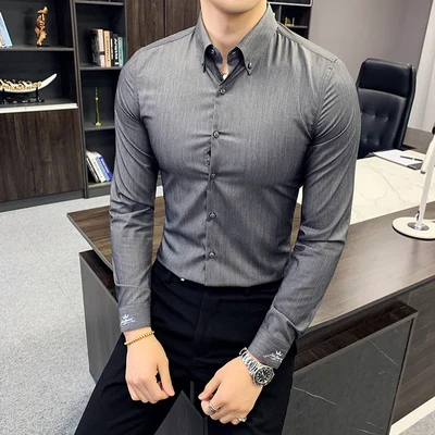 Мужская белая рубашка с длинным рукавом летняя тонкая шелковая Корейская версия