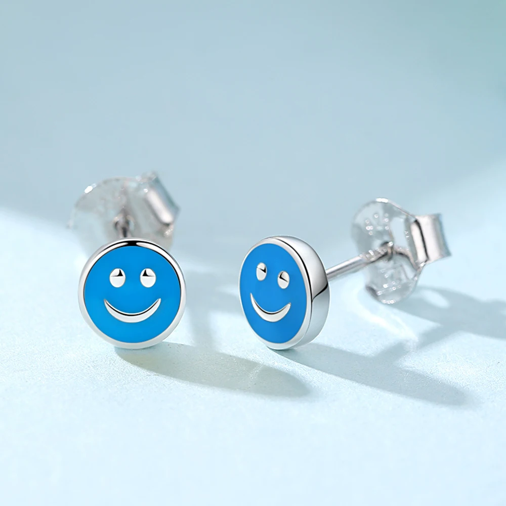 Голубая Эмаль 925 стерлингового серебра серьги небольшие круглые улыбающееся
