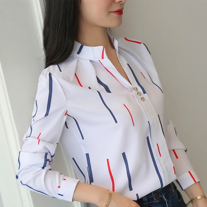 

Korean Women Shirts Woman Long Sleeve V-neck Blouse Shirt Office Lady Striped White Shirt White Blusas Mujer De Moda Blouses