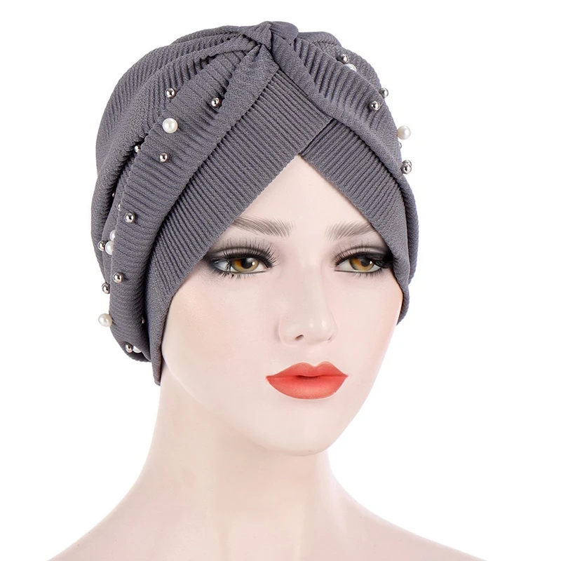 

New Women twist Turban cap Muslim beading Hijab scarf turbante mujer india Head Wrap Scarf Stretch Beanie Bonnet Chemo turbans