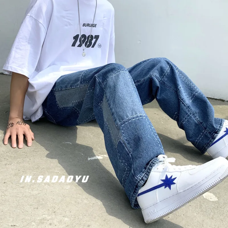 Patch Wide-leg Jeans Men's Fashion Retro Harajuku Baggy Jeans Men Streetwear Loose Hip-hop Straight-leg Denim Trousers Mens