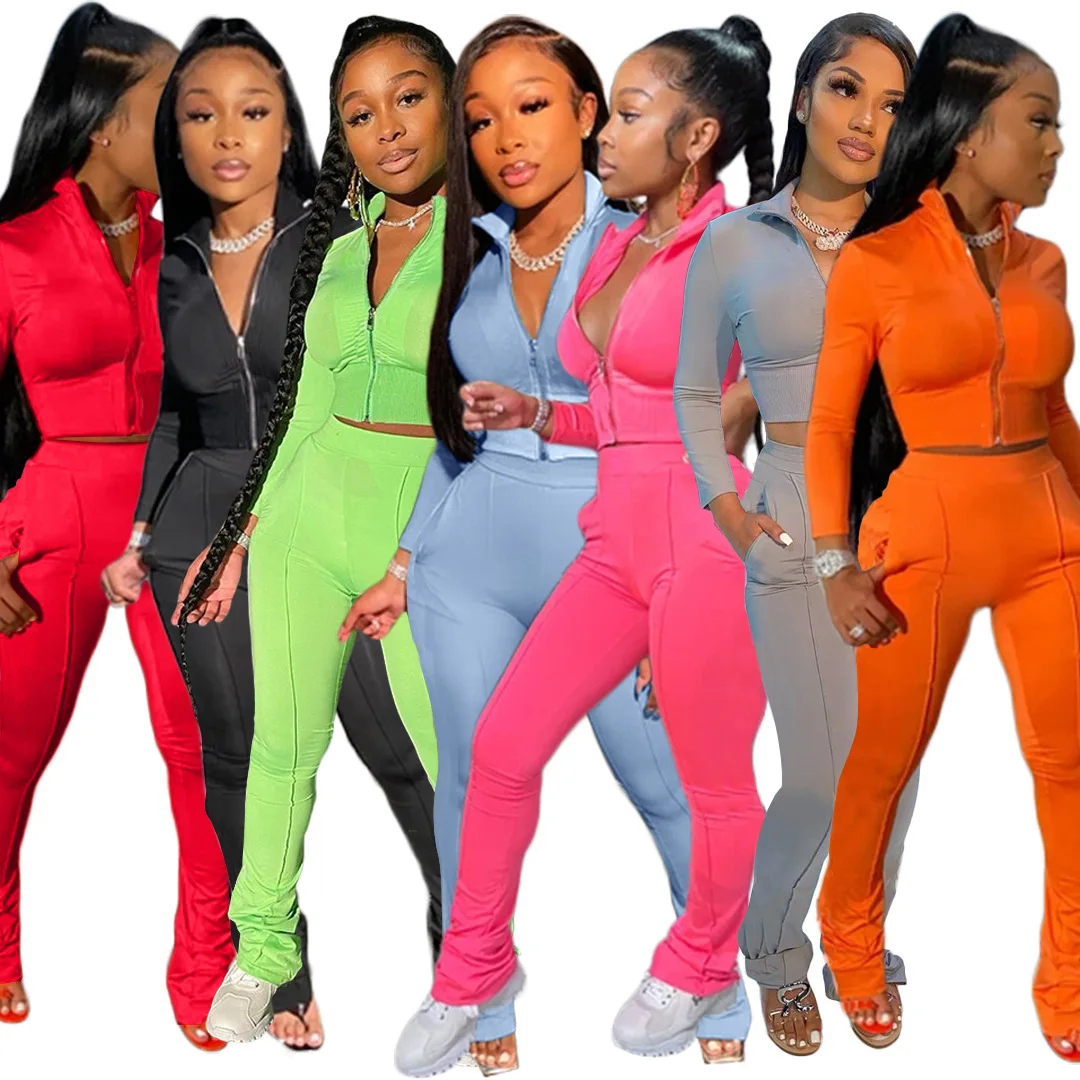 

2021 fashion casual solid color sports suit two-piece suit