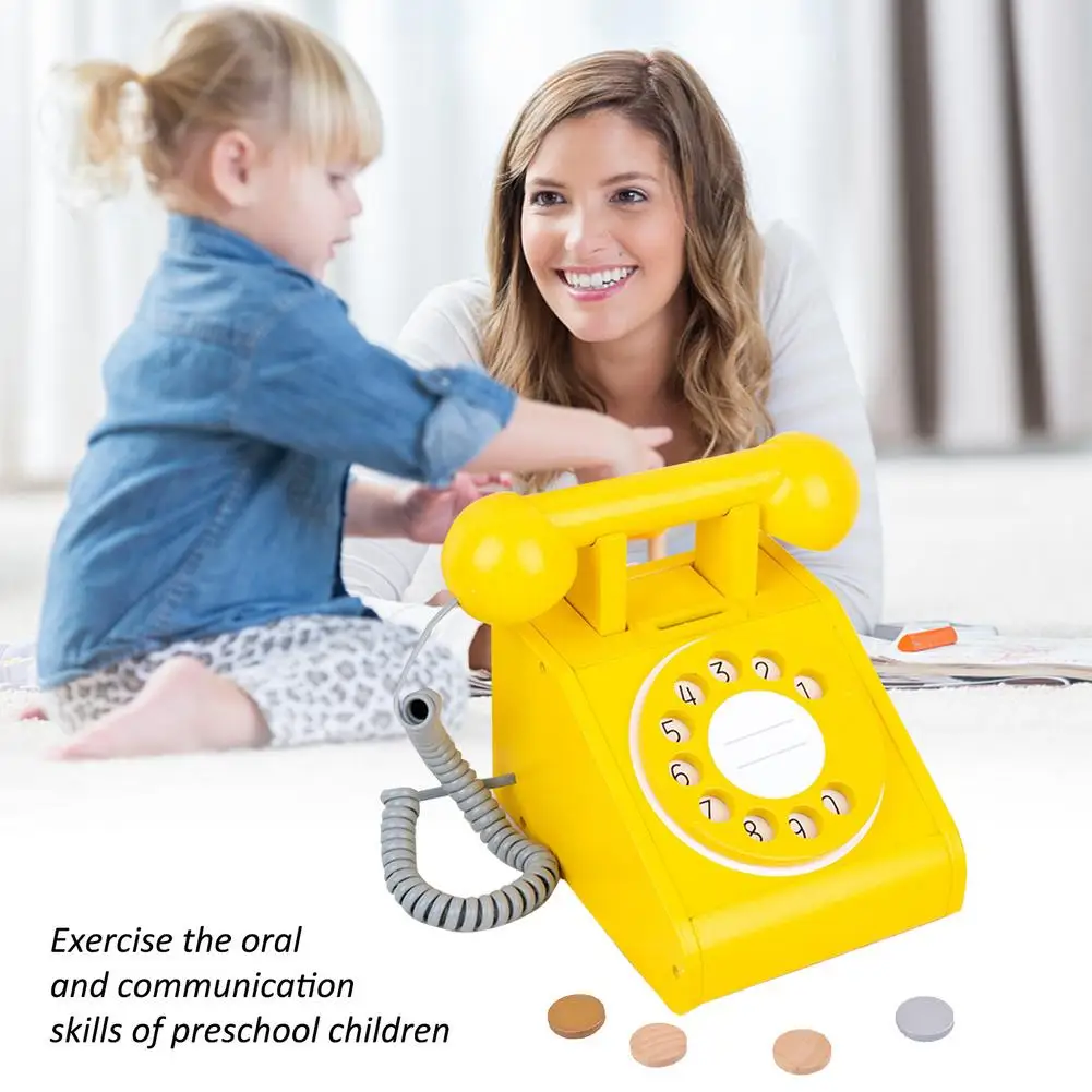 

Old Fashioned Landline Wired Phone Kid Retro Wooden Playhouse Dial Telephone Toy Interactive Pretend Phone For Home Office Phone