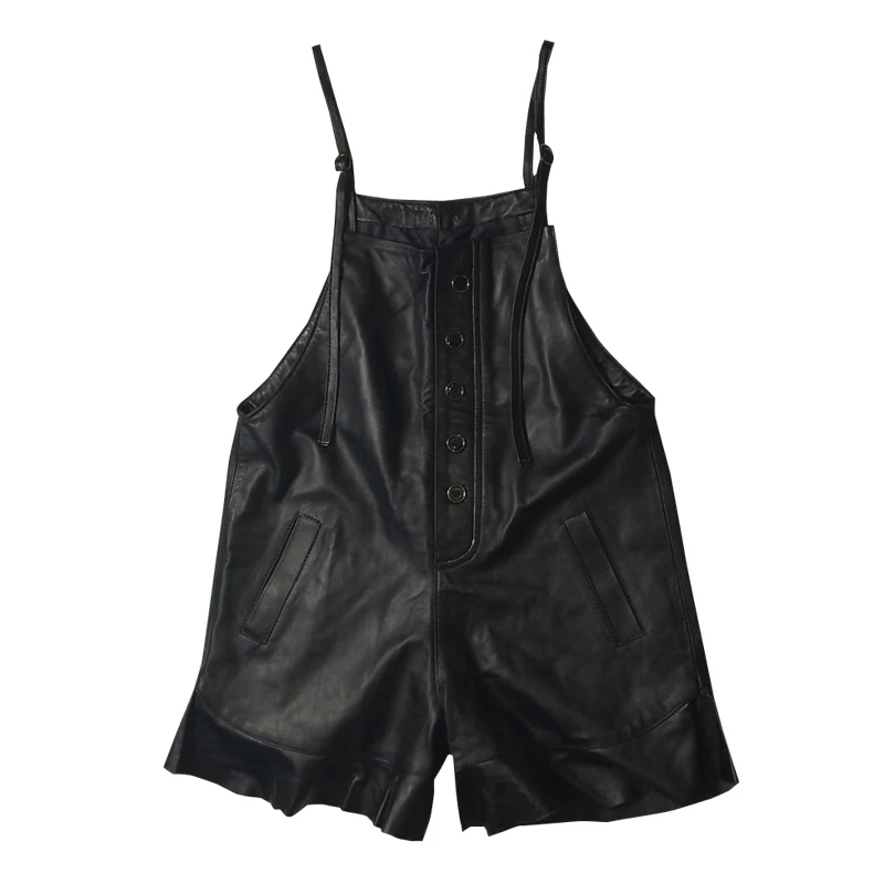 2020 New Winter Womens Genuine Leather Suspender Pants Fashion Ruffles Short Overalls Female Slim Fit Single Breasted Playsuits | Женская