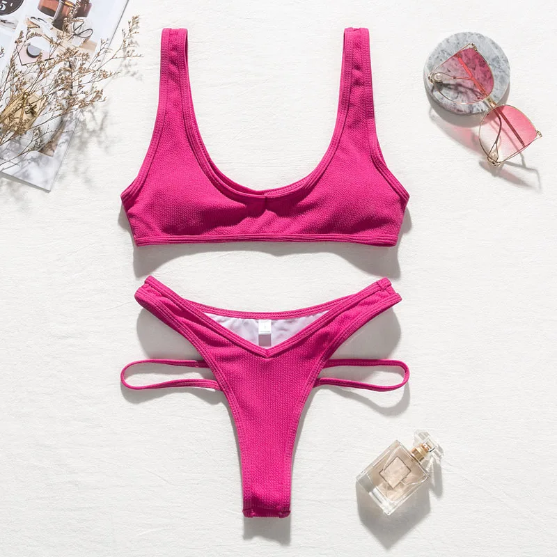 In-X High waist bikini Neon swimsuit female Ribbed swimwear women Bathing suit Sports bikini Beach wear Two-piece suit new - Цвет: 1860-2