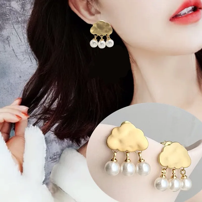 

Trendy Simulated Pearl Cloud Rain Shaped Stud Earrings for Women Female Wedding Party Wholesale Fashion Jewelry