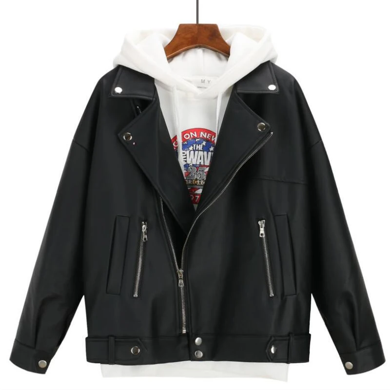 

2021 New Arrival Women Autumn Winter Leather Jacket Oversized Boyfriend Korean Style Female Faux Coat Outwear Black Bike Jacket