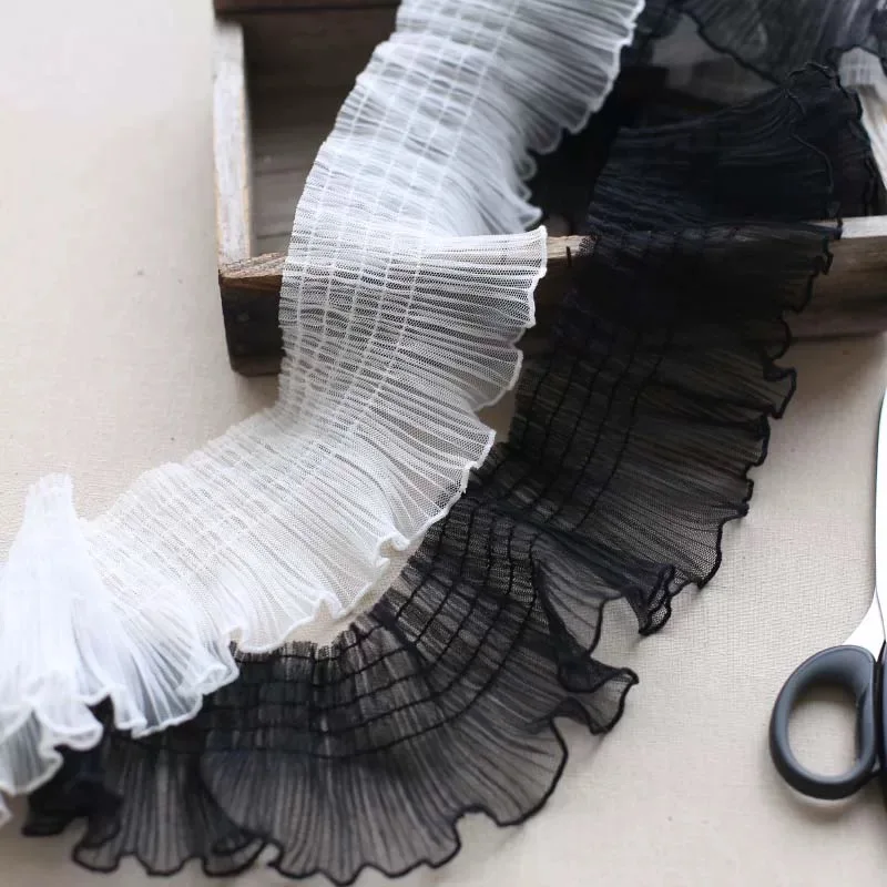 Эластичная кружевная отделка 10 см в ширину черная плиссированная с оборками