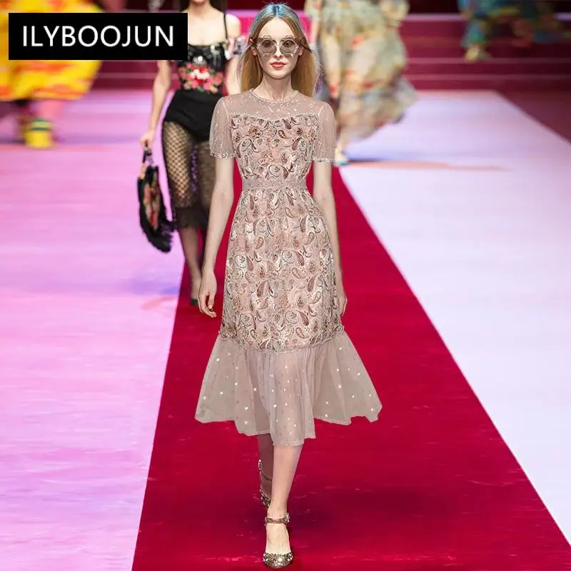 

Fashion Runway Summer Midi Dress Women's Lace Short sleeve Beading Mesh Embroidery Vintage Party Dress