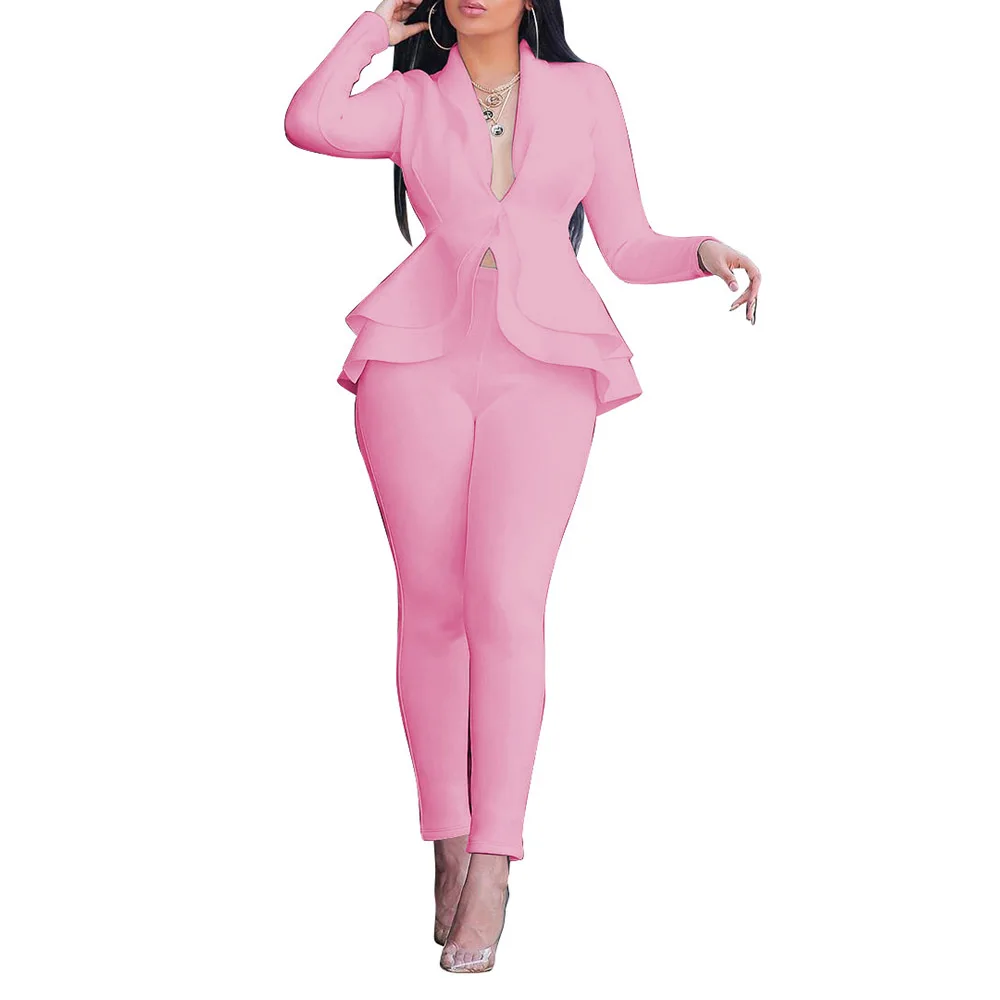 Royal Blue African Women's 2-Piece Office Lady Workwear Set - Elegant Ruffle Top and Pants Business Suit image 5