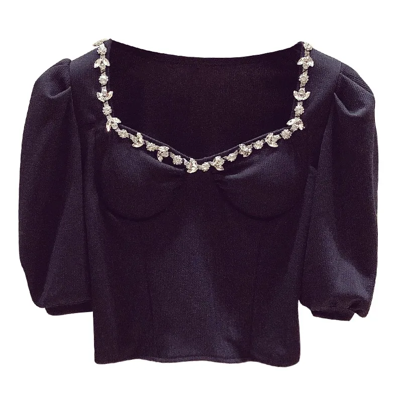 

2021 Summer Pullover Square Collar Shirt Women Vintage Diamonds Puff Sleeve Short Tops Elegant Black White Blouses Casual Shirts