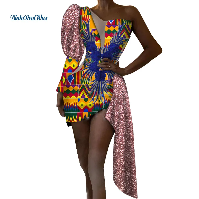 

Fashion New Sequins African Dresses for Women Print Sexy Party Mini Dress Vestidos Bazin Riche African Dresses Clothing WY6475