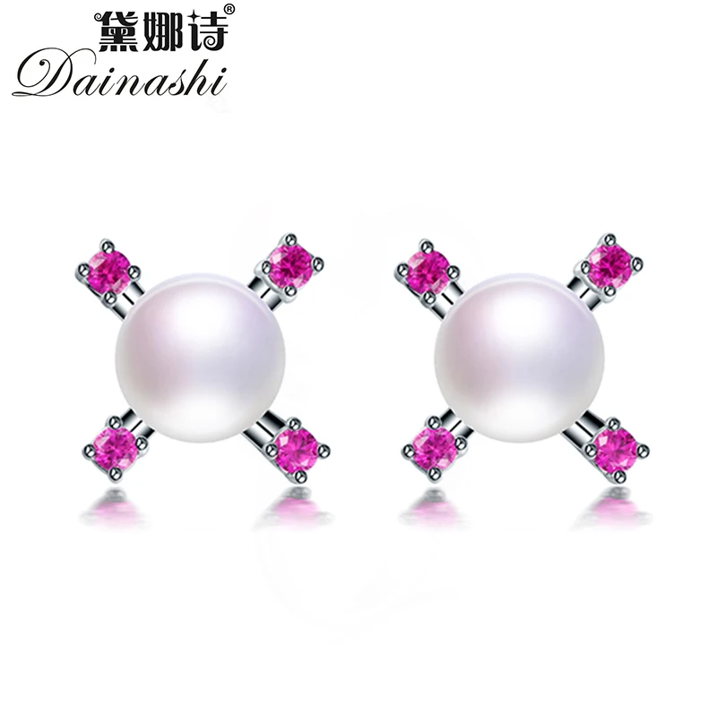 

Dainashi New 100% Genuine Natural Freshwater Pearl Earrings for Women Hot Sale 925 Sterling Silver Rose Red Zircon Stud Earrings