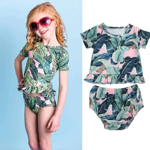 Новый стильный комплект одежды с зелеными листьями для маленьких девочек летняя