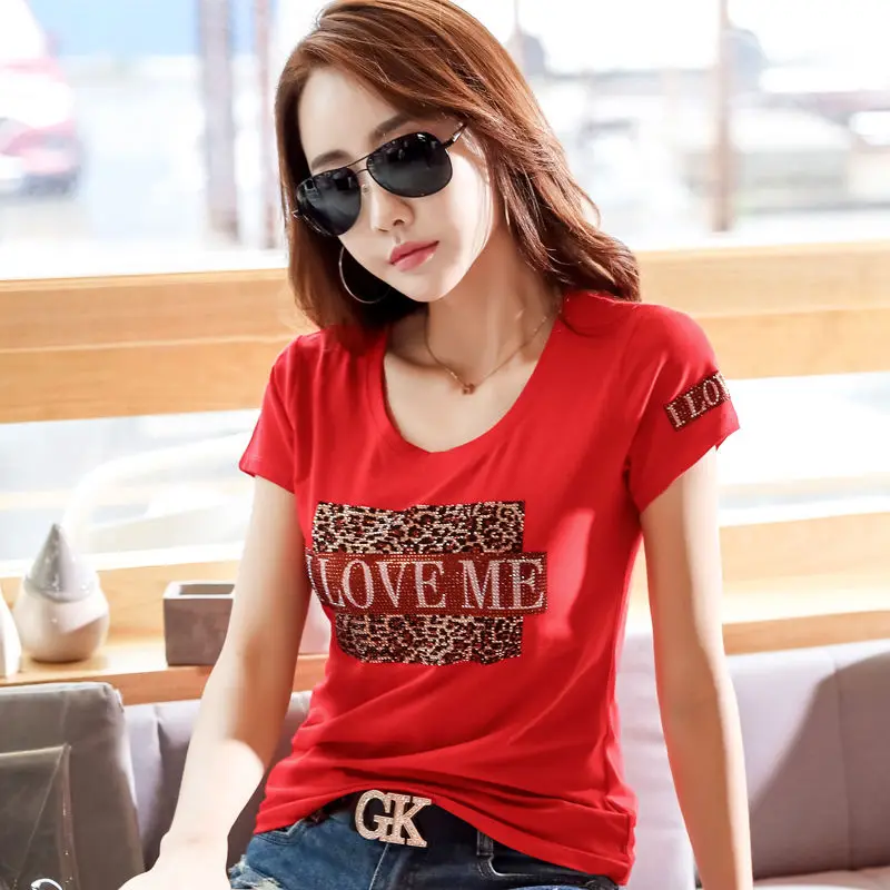 

Short sleeve T-shirt women's 2021 summer new Korean versatile slim diamond bottomed shirt cotton half sleeve T-shirt
