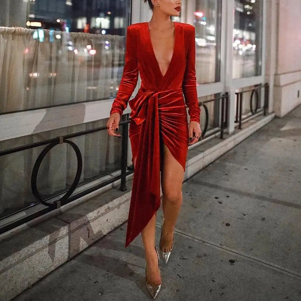

free shipping 2020 joocar sexy deep-v neck long sleeve folds bodycon ribbon velvet dress JC1186