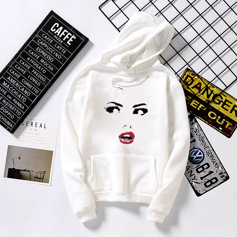 

Winter Woman Hoodies Eyelash Lips Print Harajuku Pullover Hoodie White Tops Women's Hoodie Korean Oversized Sweatshirt Hoodie