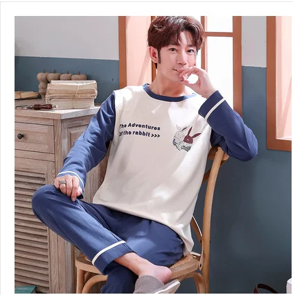 men pajama set Осенне-зимние мужские пижамы с длинными рукавами, хлопковые Пижамные комплекты в полоску с надписями и героями мультфильмов, повседневные мужские пижамы для отдыха и сна, L-XXXL Пижама - Цвет: men pajama set