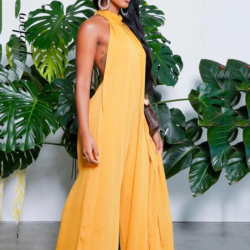 

2021 Wefads Woman Summer Champagne Halterneck Solid Color Fashion Sexy Style Jumpsuit