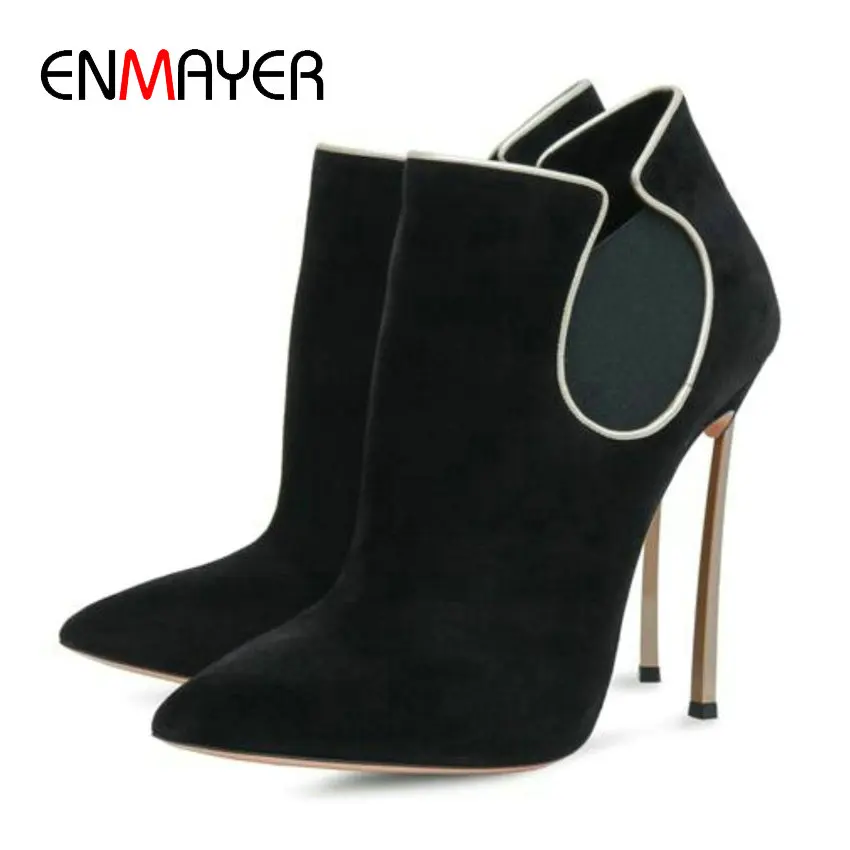 

ENMAYER 2020 Winter Boots Women Pointed Toe Thin Heels Flock Ankle Boots Basic Zip Sewing Luxury Shoes Women Designers 34-43