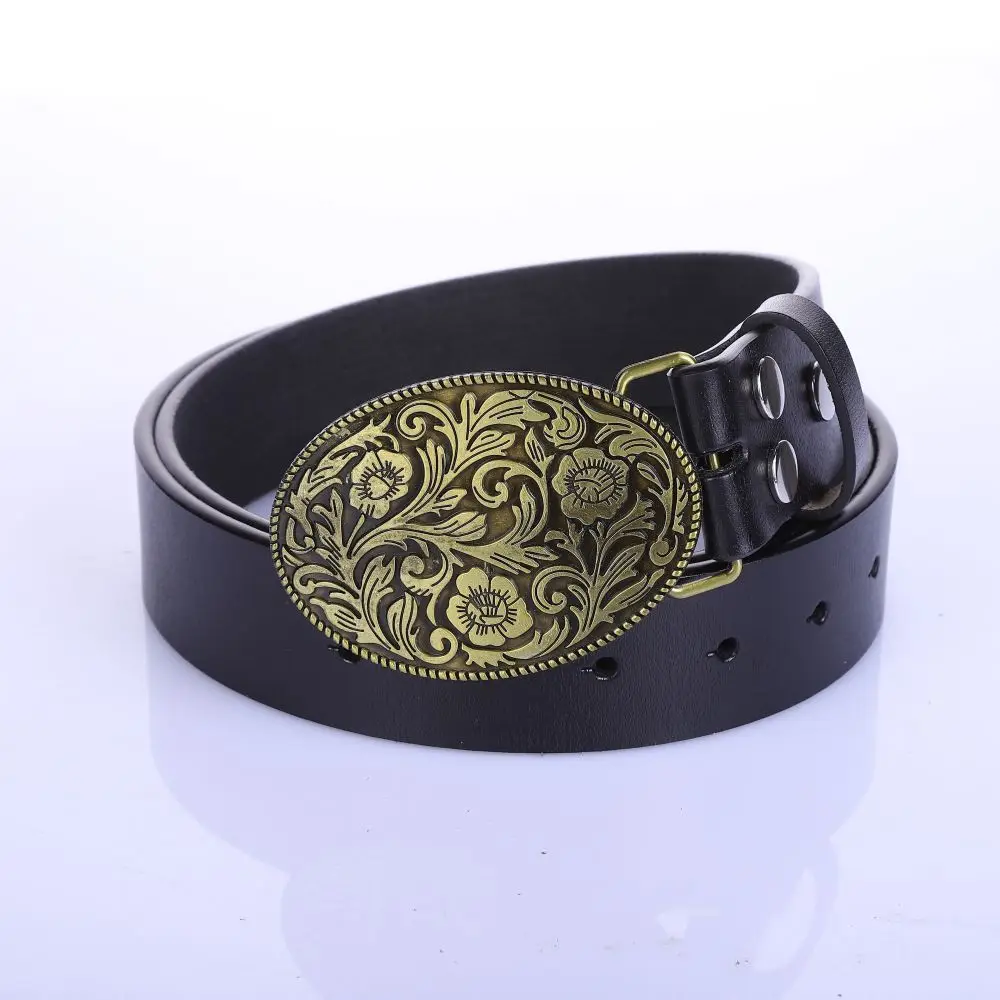 

KDG western cowboy Tang grass retro pattern men's zinc alloy smooth buckle men's leather belt with jeans accessories