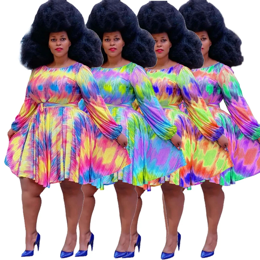 

Plus Size Dress Women Clothing Wholesale Fashion Round Neck Long Sleeves Tie Dye with Belt Casual Loose Midi Dress Dropshipping