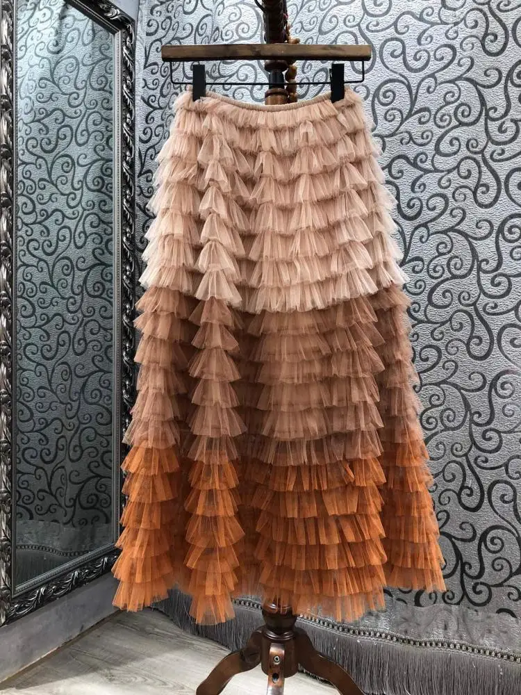 

Runway Designers Elegant Ruffles Pleated Long Skirts for Women 2020 Spring Vintage Patchwork Mesh Maxi Skirt
