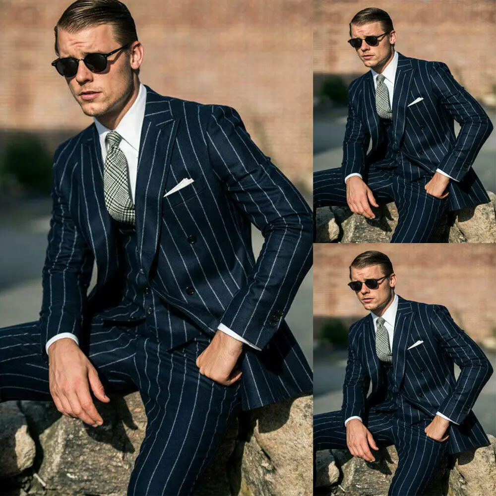 

Black/Navy Striped Suits Wide Lapel Formal Party Business Double-Breasted Mens Blazer Masculino Terno Groom Wear Tuxedos 2021